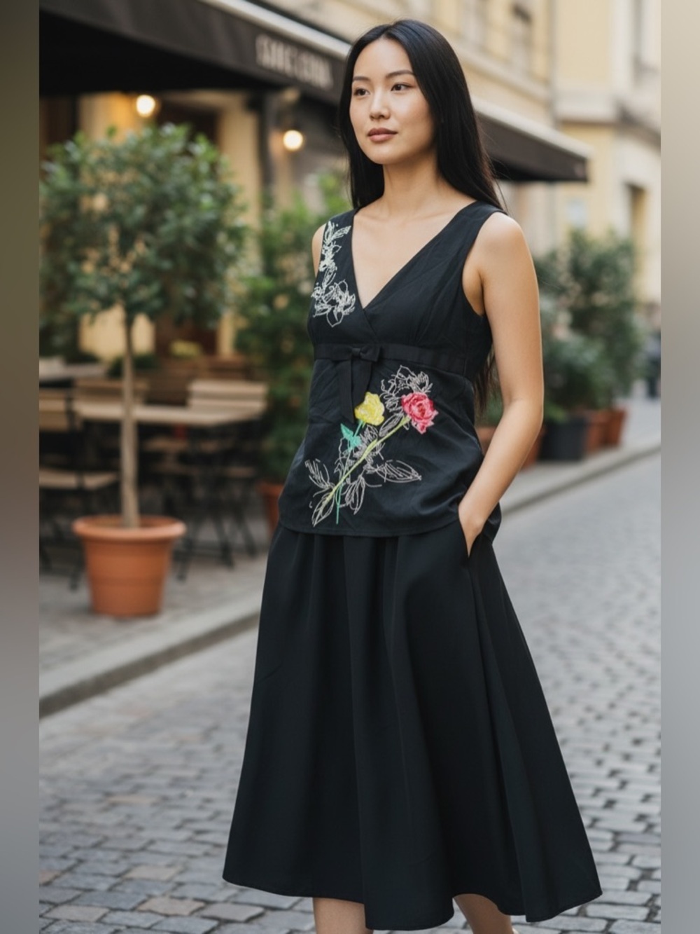 Karen Millen Black Sleeveless V-Neck Top with Embroidered Roses Silk